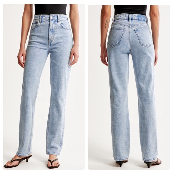 Abercrombie & Fitch Short Ultra High Rise 90s Straight Jean Light Wash Curve - Picture 1 of 14